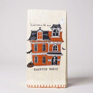 Welcome To Our Haunted House Dish Towel 25x15 Inches Beige & Orange Cotton Hallo